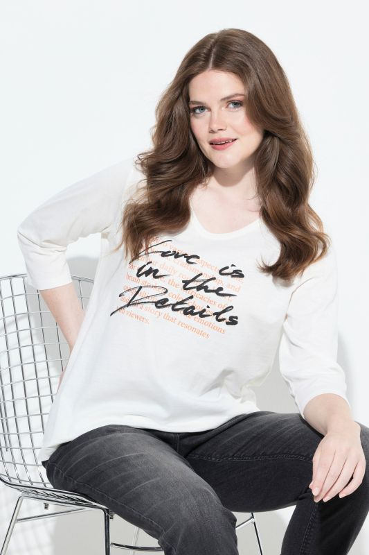 T-shirt à message, décolleté en V et manches 3/4, coupe évasée