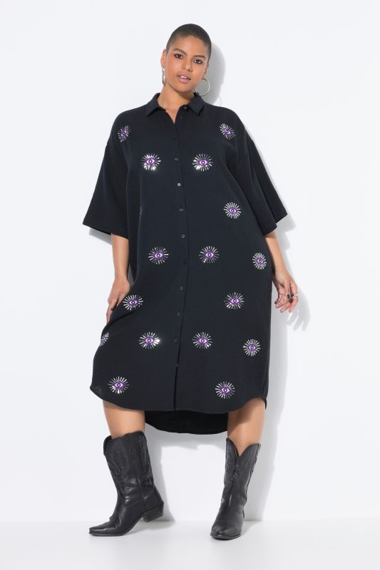 Robe midi en mousseline. Coupe oversize. Broderie yeux