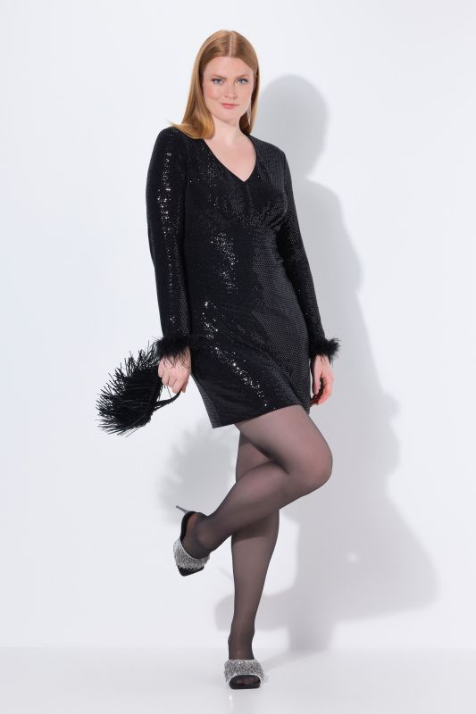 Robe bodycon à paillettes, manches longues avec plumes fantaisie