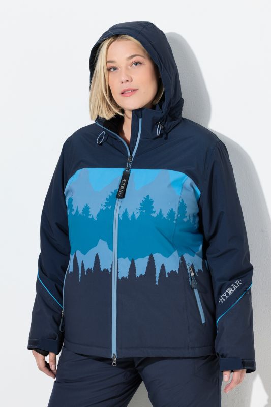 Veste technique déperlante à capuche, avec jupe de protection contre la neige et motif montagne