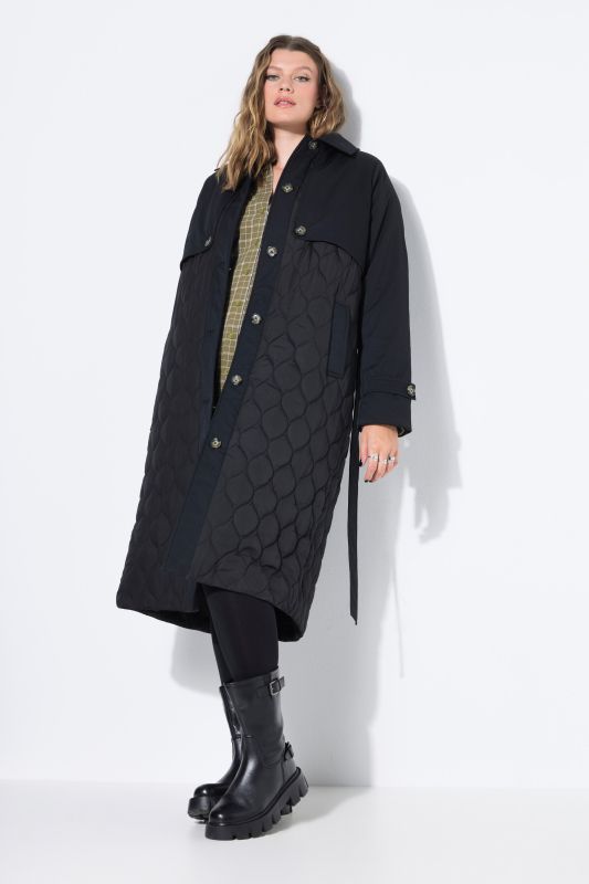 Trench-coat évasé, texture mixte et matelassage, rembourré, ceinture nouée