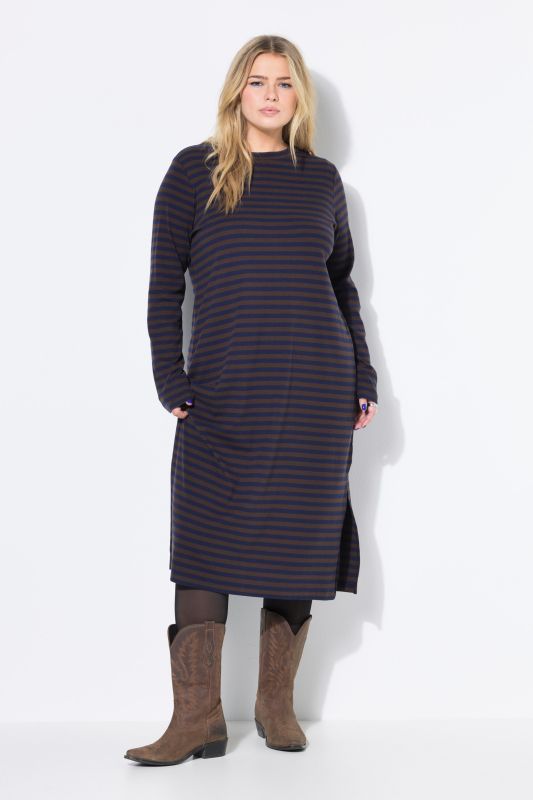 Robe maxi en jersey côtelé à rayures, coupe évasée, manche longues