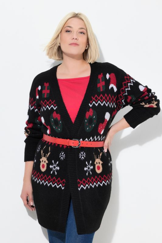 Long cardigan à encolure en V et manches longues, motif de Noël