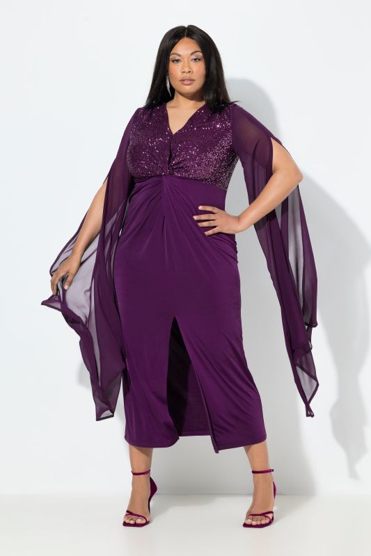 Robe maxi en mousseline, paillettes, décolleté en V et manches longues