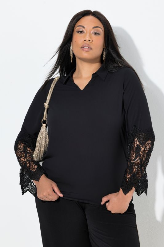 Chemisier en crêpe avec dentelle, col chemise, encolure en V et manches longues