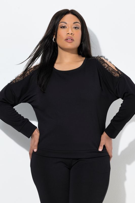 Sweat-shirt col rond et manches longues, empiècements en dentelle