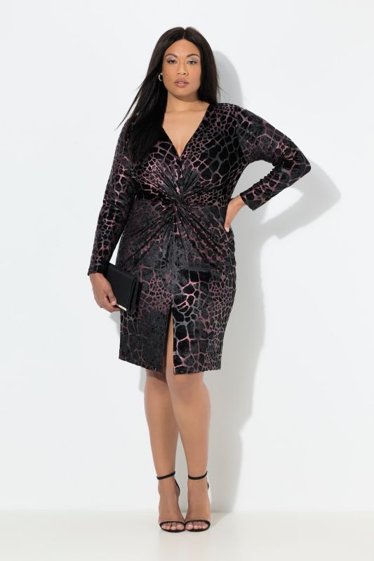 Robe en jersey, imprimé floqué animal, décolleté en V et manches longues