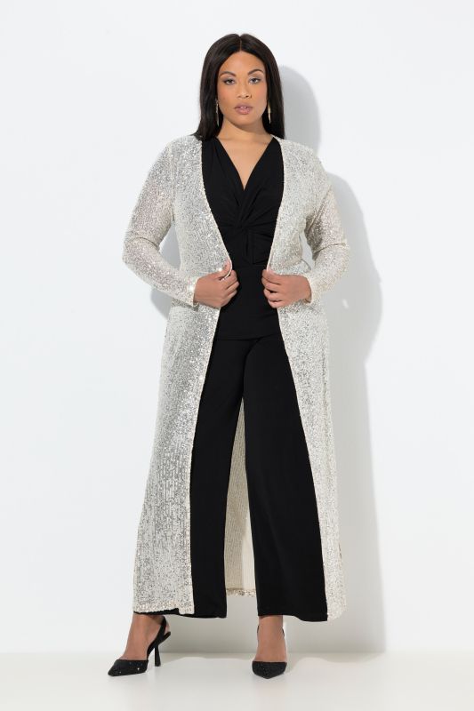 Veste longue à paillettes, encolure en V et manches longues