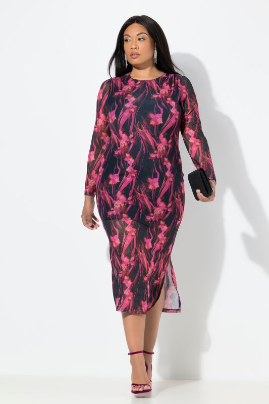 Robe maxi en tulle, fronces, décolleté rond et manches longues