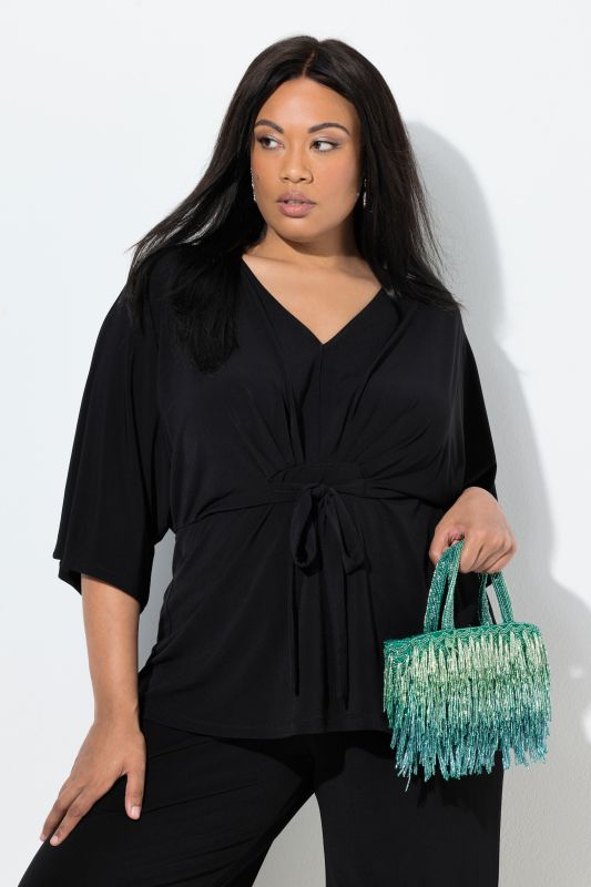 T-shirt esprit kimono, ceinture à nouer, décolleté en V et manches 3/4