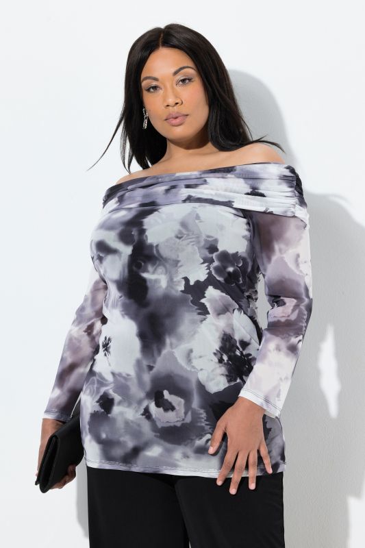 T-shirt en tulle, motif à fleurs, épaules découvertes et manches longues