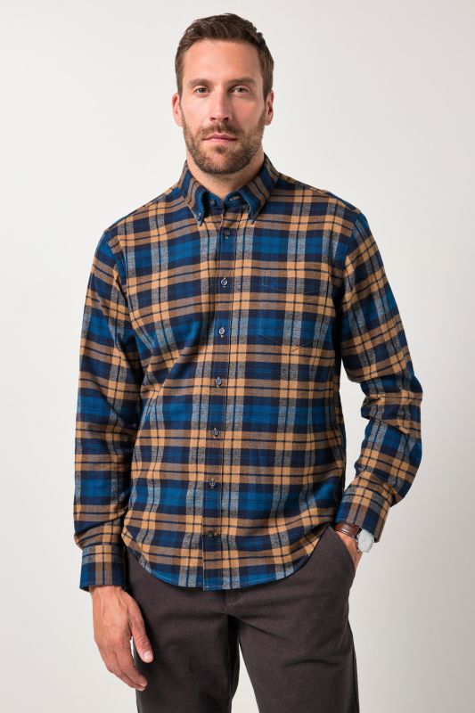 Chemise JP 1880 en flanelle à carreaux, manches longues et col à pointes boutonnées, coupe Modern Fit - jusqu'au 8 XL