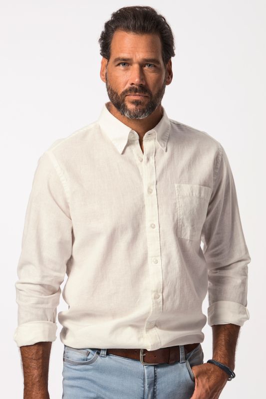Chemise en lin mélangé. Manches longues et col à pointes boutonnées - coupe Modern Fit