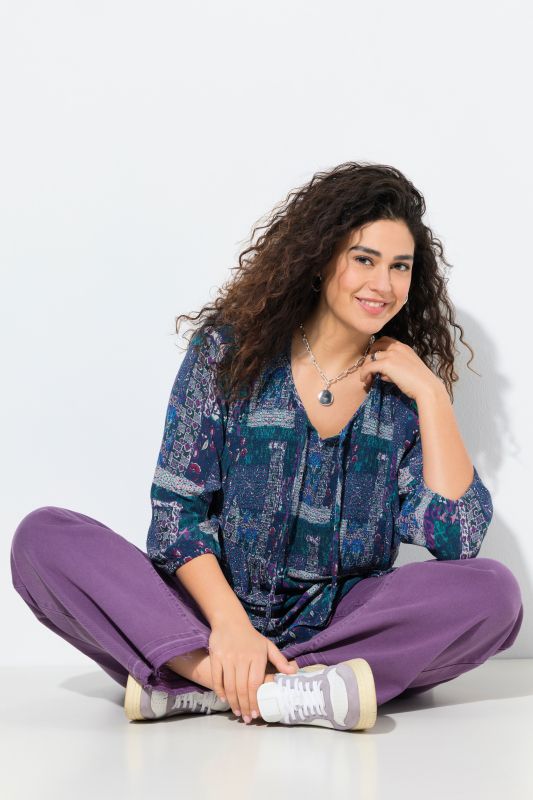 Chemise smockée évasée à col rond et manches 3/4, style patchwork