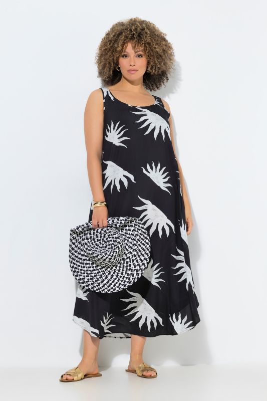 Robe midi sans manches, motif soleils, décolleté rond et coupe évasée