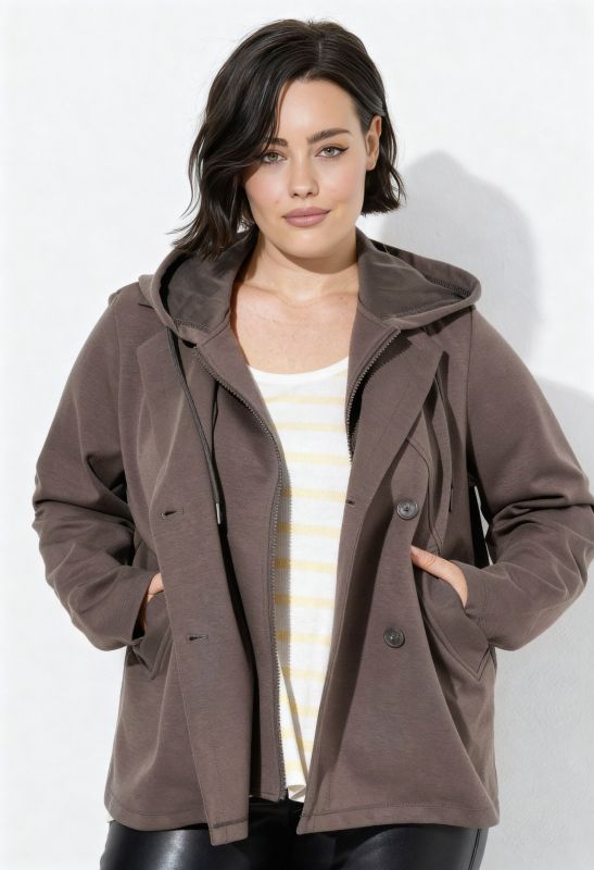 Veste à capuche en scuba, col à revers et coupe évasée