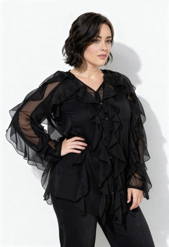 Blouse à volants, coupe évasée, décolleté en V et manches longues