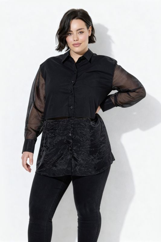 Chemisier à manches longues et col chemise, mélange de matières