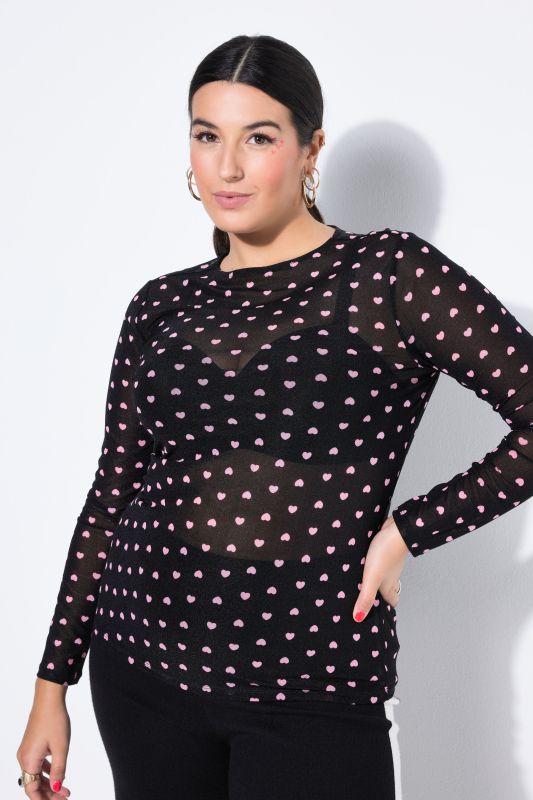 T-shirt slim à manches longues, en mesh avec motif cœur