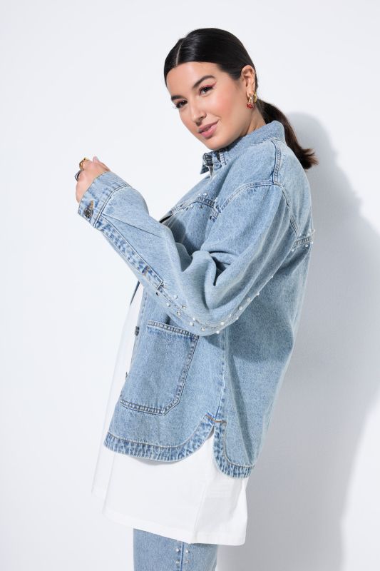 Veste en jean oversize, perles fantaisie, strass
