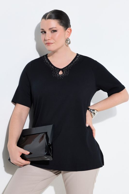 T-shirt en coton Pima, petits strass fantaisie, décolleté en V et manches courtes