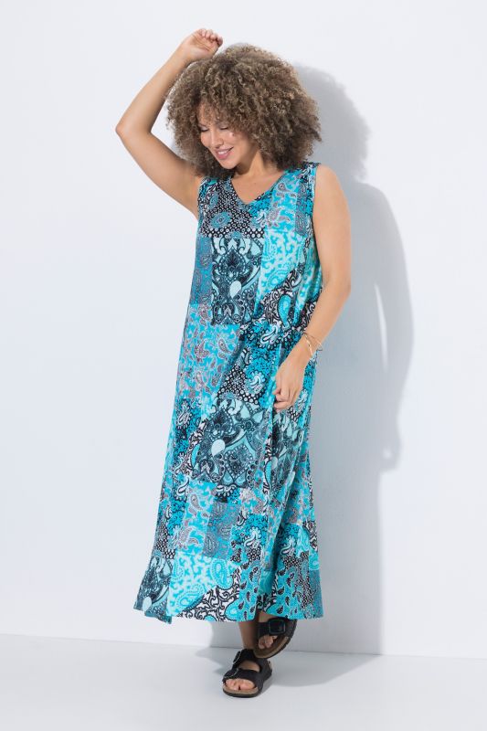 Robe maxi sans manches, jeu de motifs, décolleté en V et coupe évasée