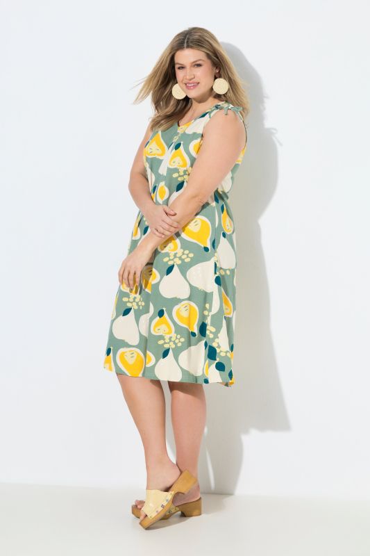 Robe midi en coton bio, motif poires et décolleté en V, sans manches