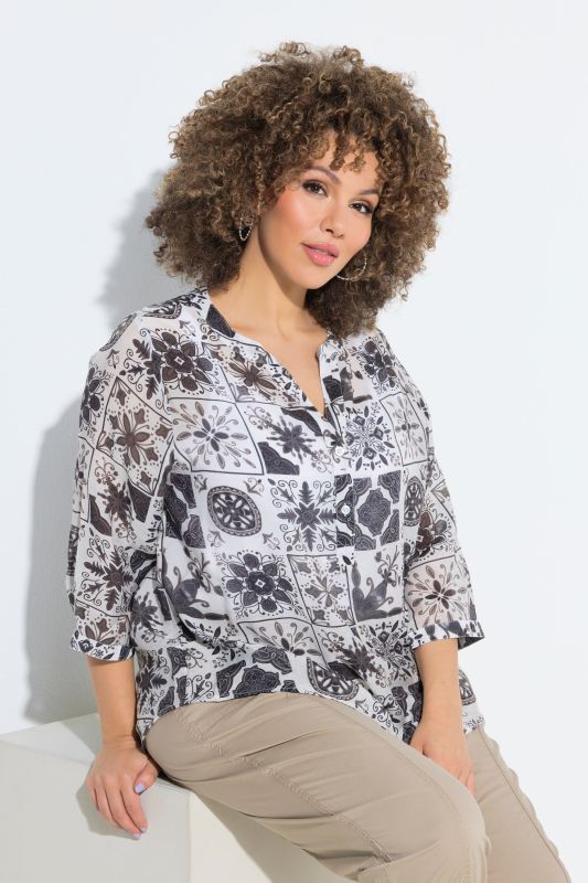 Tunique motif mosaïque, col tunisien et manches 3/4