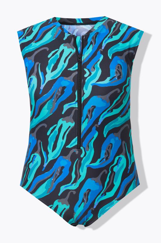 Maillot de bain sans bonnets souples, motif piments et fermeture zippée, matière recyclée