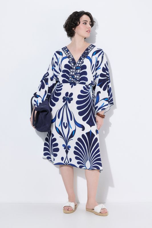 Robe décolleté en V et manches 3/4, imprimé et petites pierres fantaisie