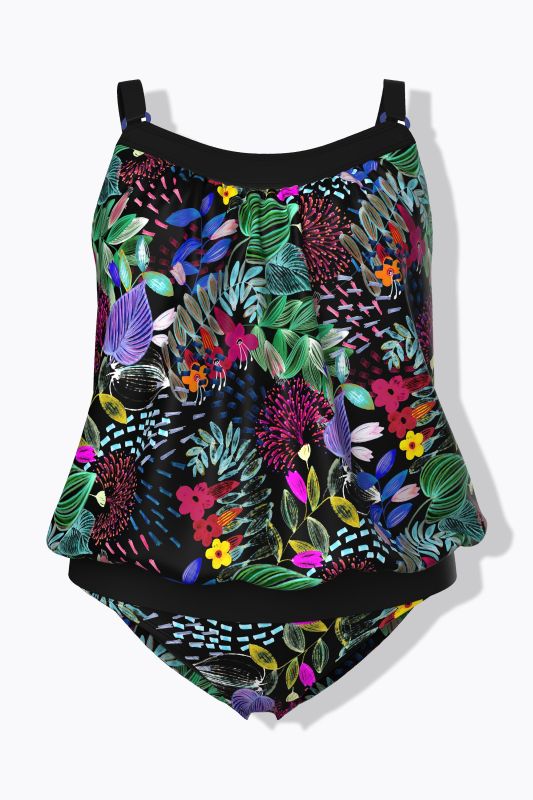 Tankini motif à fleurs, bonnets souples, bretelles ajustables avec anneau fantaisie