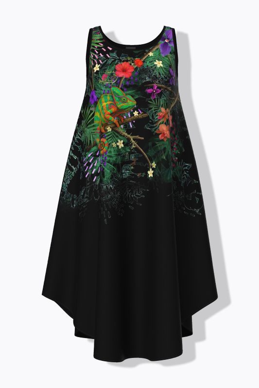 Robe midi sans manches, décolleté rond et motif caméléon, coupe évasée