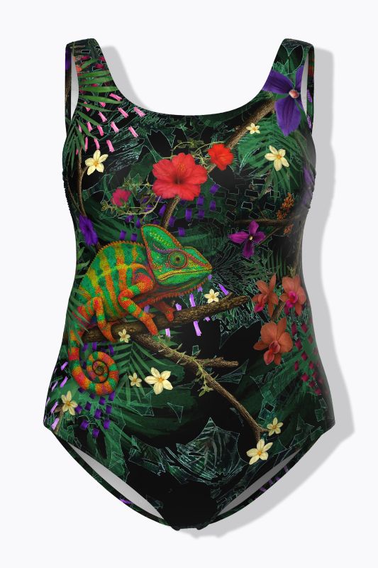 Maillot de bain sans bonnets souples, motif caméléon, décolleté rond