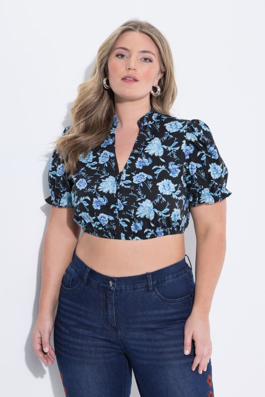 Chemisier traditionnel Dirndl, motif floral, col montant et décolleté en V, manches courtes