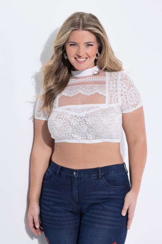 Chemisier traditionnel Dirndl en dentelle, col montant et manches avec ruchés