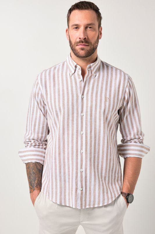 Chemise JP 1880 en lin mélangé à rayures, manches longues et col à pointes boutonnées, coupe Modern Fit - jusqu'au 8 XL