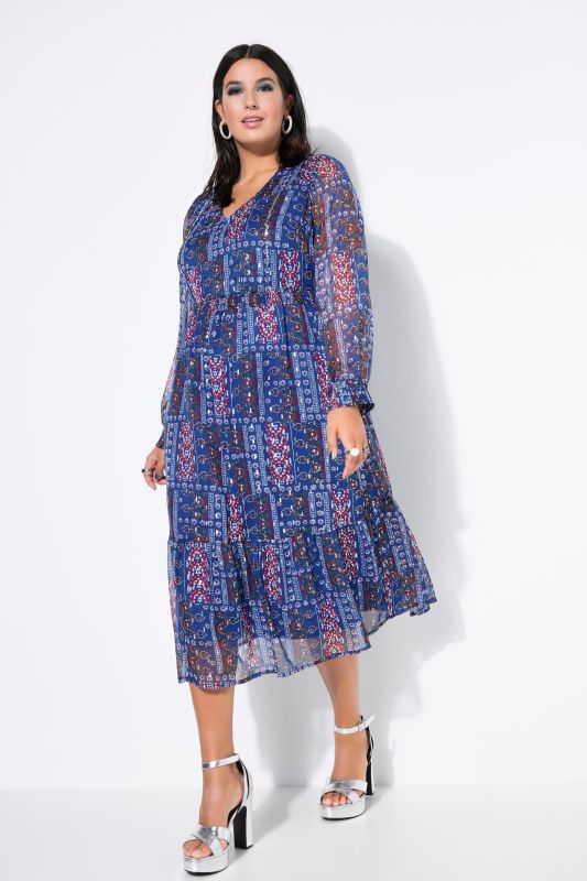 Robe midi en mousseline, volant à la base et mélange d'imprimés effet scintillant