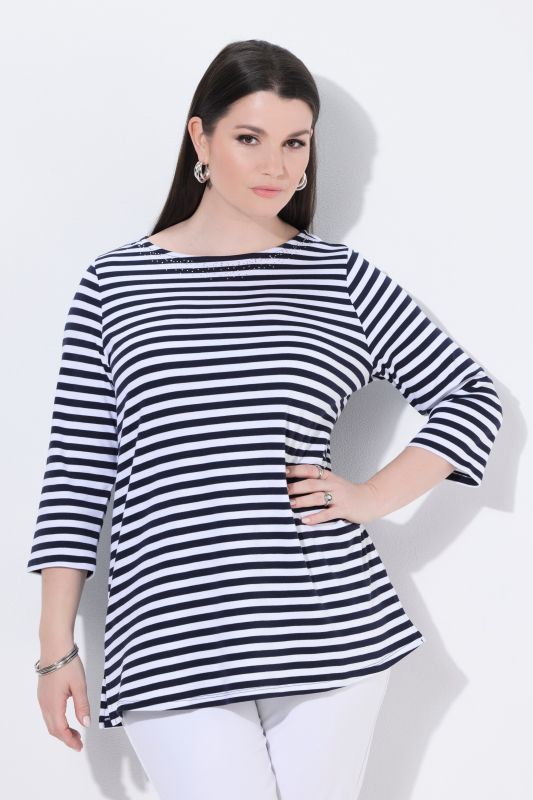 T-shirt à rayures en coton Pima, encolure bateau, manches 3/4