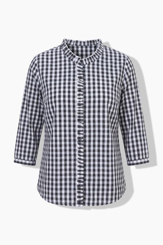 Chemisier à carreaux, col montant et ruchés, manches 3/4