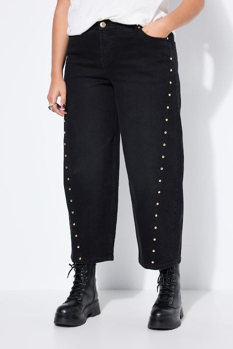 Jean Barrel avec rivets fantaisie, jambe ballon et taille haute