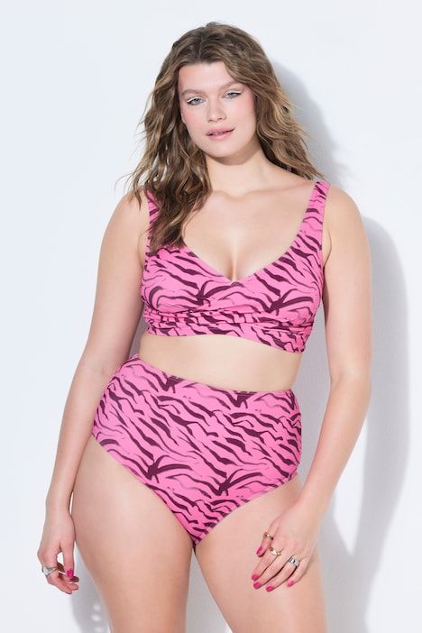 Bikini deux pièces, imprimé zèbre, poitrine drapée, bonnets souples