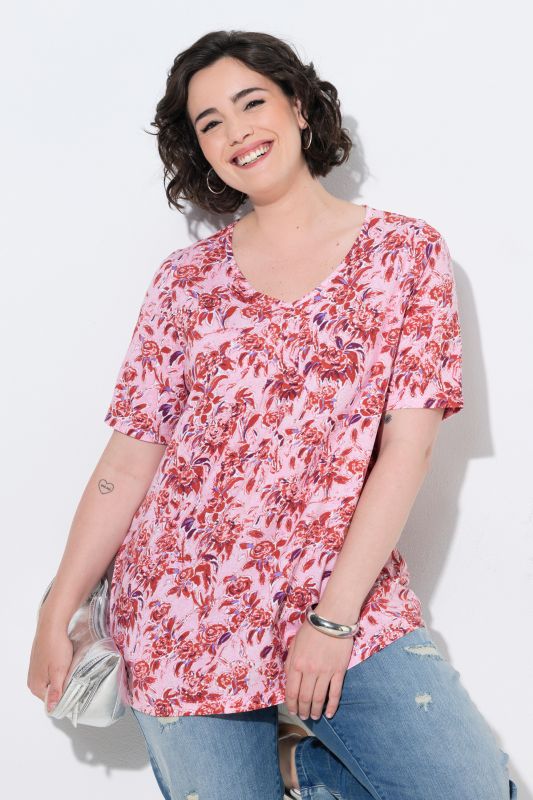 T-shirt motif floral, coupe évasée, décolleté en V et manches courtes