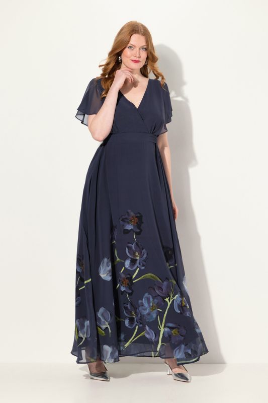 Robe de soirée à manches courtes et col en V, imprimé floral et ligne en A