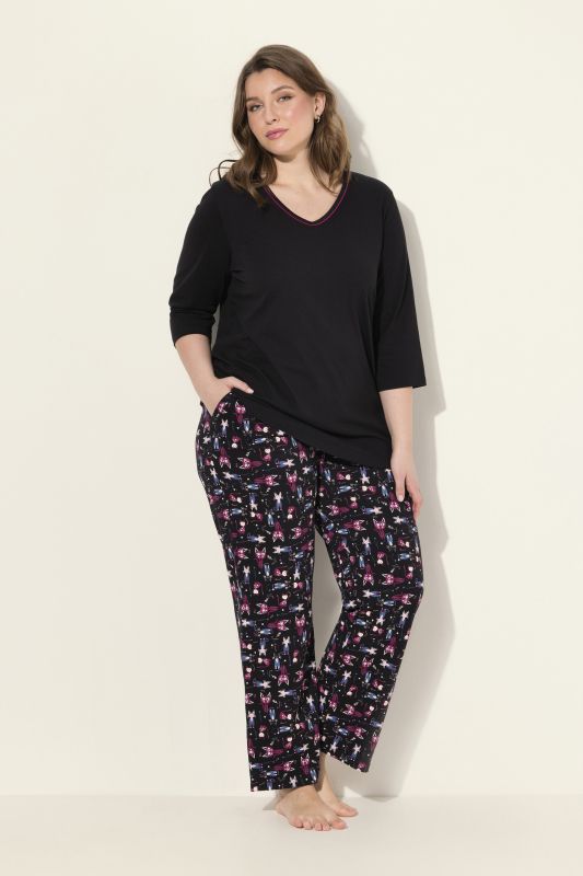 Pyjama motif chats, col en V, manches 3/4 et poches