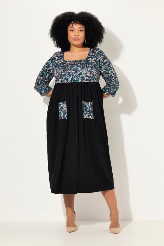 Robe maxi en jersey, encolure carrée et manches 3/4, imprimé floral