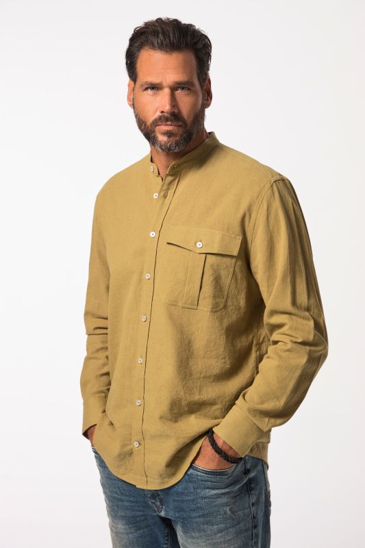 Chemise en lin mélangé à manches longues, col montant et coupe Modern Fit - jusqu'au 8XL