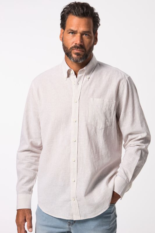 Chemise à rayures en lin mélangé. Manches longues et col à pointes boutonnées. Coupe Modern Fit - jusqu'au 8 XL