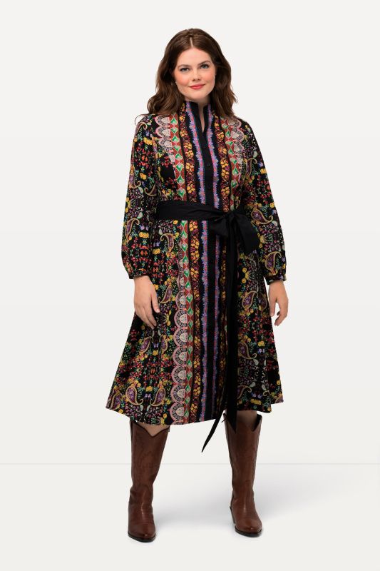 Robe midi à manches longues et col calice, silhouette en A et motif champêtre