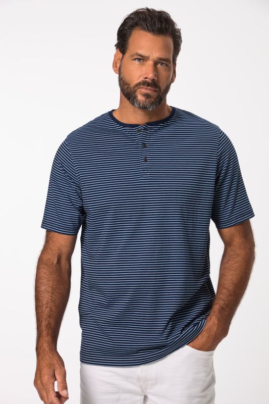 T-shirt Henley rayé à manches courtes et col rond avec patte de boutonnage - jusqu'au 8 XL