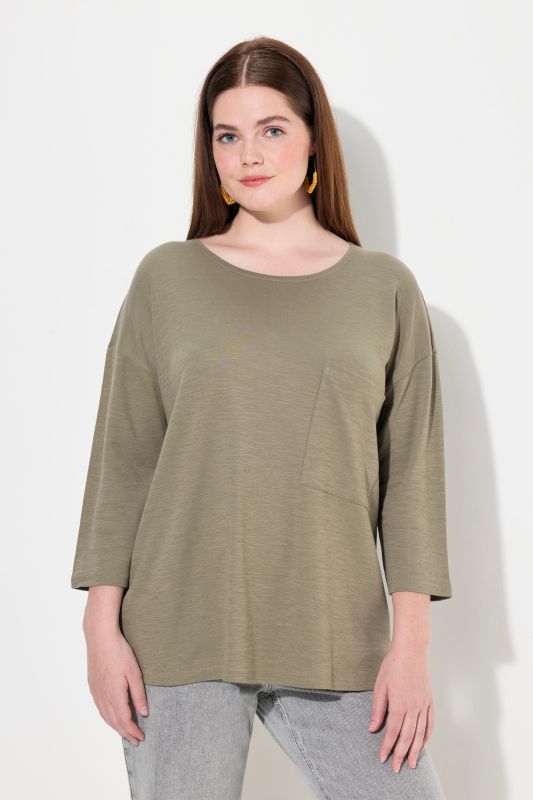 T-shirt oversize en coton bio, col rond, manches 3/4